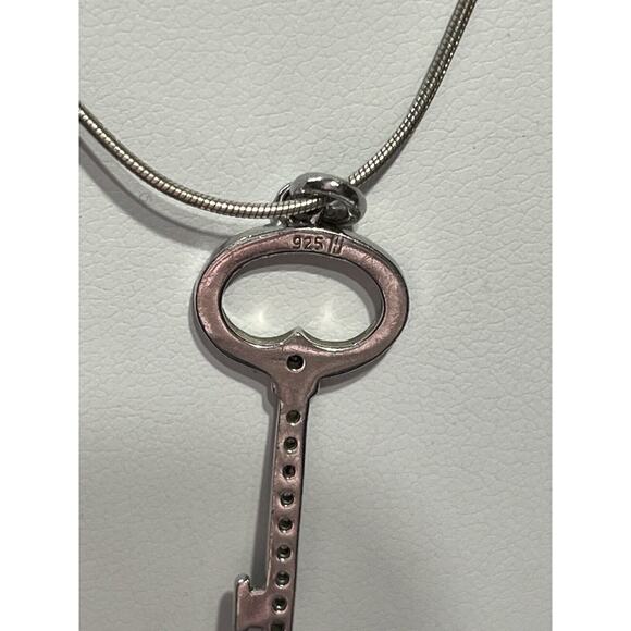 Sterling Silver 925 Designer SIGNED Diamond Chip Key Shaped Pendant Necklace - Picture 12 of 14